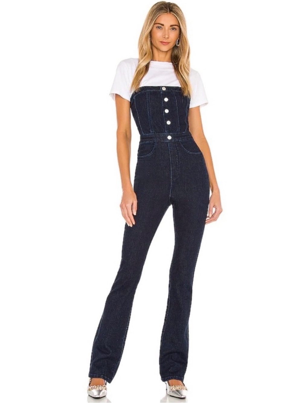 Weworewhat Dark Navy High-Waist Denim Jumpsuit 0